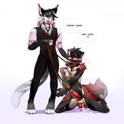 accessory anal anal_penetration animal_dildo animal_sex_toy anthro armwear balls black_body black_fur blindfold blue_eyes blue_nose blush bodily_fluids bottomwear bound breasts canine_dildo chest_tuft clothing collar collar_tag collared_shirt dialogue digitigrade dildo dildo_in_ass dildo_insertion dildo_sitting dominant dominant_anthro dominant_male dripping duo erection fur genital_fluids genitals gynomorph hands_tied inner_ear_fluff intersex kneeling knot knotted_dildo latex latex_armwear latex_clothing latex_legwear latex_thigh_highs leaking_anus leaking_precum leash leashed_collar legwear looking_pleasured male necktie nipples object_in_ass pants penetration penis pink_nipples precum red_body red_fur red_penis red_tongue riding_dildo rolled_up_sleeves saliva saliva_drip saliva_on_tongue sex_toy sex_toy_in_ass sex_toy_insertion shirt simple_background speech_bubble submissive submissive_anthro submissive_gynomorph submissive_intersex tail text thigh_highs tongue tongue_out topwear tuft vest wearing_collar white_background white_body white_fur white_inner_ear_fluff wootersa callaghan_(mairuzufokusuii) maverick_(mairuzufokusuii) canid canine canis felid feline hybrid mammal wolf 1:1 2026 english_description english_text hi_res