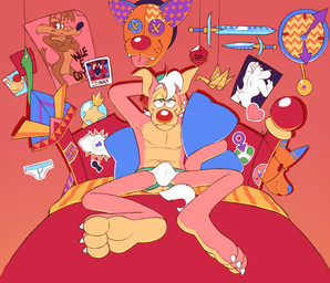 3_toes anthro arm_around_pillow aroused aroused_face aroused_male aroused_smile barefoot bed bedroom bedroom_eyes bent_legs big_butt big_feet biped black_eyes black_nose blush bulge butt butt_from_the_front cheek_tuft claws clock clothed clothing curling_tail curvy_figure erection erection_under_jockstrap eyebrows facial_tuft fangs feet finger_claws fingers foot_fetish foot_focus fur furniture gem grin grinning_at_viewer hair half-closed_eyes hand_behind_head heart_symbol holding_object holding_pillow humanoid_feet humanoid_heel inside jockstrap jockstrap_only looking_at_viewer lying lying_on_bed male mask melee_weapon mostly_nude multicolored_body multicolored_butt multicolored_fur narrowed_eyes navel nude on_back on_bed origami origami_crane papercraft paws pecs photo pillow pink_body pink_fur plantigrade pose poster poster_(object) reclining red_nose seductive smile smiling_at_viewer smirk smirking_at_viewer smug smug_expression smug_eyes smug_face smug_grin soles solo spine sticker string sword tail tan_body tan_fur teal_eyes teeth text toe_claws toes toony topless topless_anthro topless_male toy tuft two_tone_body two_tone_butt two_tone_feet two_tone_fur underwear underwear_only weapon white_body white_eyebrows white_finger_claws white_fur white_hair white_sclera white_tail white_toe_claws wide_hips yellow_body yellow_butt yellow_fur yellow_inner_ear yellow_soles concupisco looney_tunes nickelodeon squirmles t.u.f.f._puppy warner_brothers aeria_(concupisco) dudley_puppy wile_e._coyote canid canine canis coyote domestic_dog mammal squirmle 2022 colored detailed digital_drawing_(artwork) digital_media_(artwork) english_text flat_colors pinup