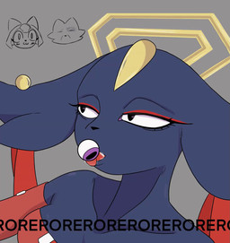 anthro big_ears black_eyes black_nose blue_body blue_fur clothing ear_piercing eyeball eyelashes eyeshadow female floppy_ears forehead_gem front_view fur gem grey_background halo lop_ears makeup piercing red_clothing red_eyeshadow simple_background solo text tongue tongue_out porporpor nine_sols red_candle_games goumang_(nine_sols) felid feline mammal solarian animated hi_res no_sound short_playtime webm