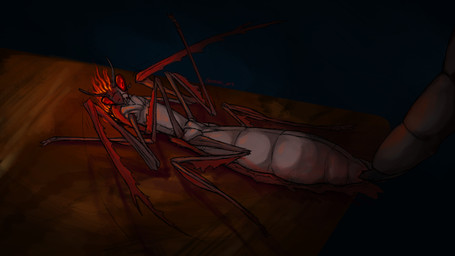 animal_genitalia arthropod_abdomen arthropod_abdomen_cloaca arthropod_abdomen_genitalia claws cloaca cloacal cloacal_fingering dark desk dominant duo extreme_size_difference female feral finger_claws fingering fire furniture genitals larger_dom lying mantis_arms micro multi_leg multi_limb on_back on_desk size_difference spread_legs spreading table atrumpet gummi_art arthropod insect mantis 16:9 digital_drawing_(artwork) digital_media_(artwork) digital_painting_(artwork) hi_res painting_(artwork) widescreen