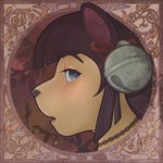 ambiguous_gender art_nouveau bell black_eyes black_hair black_nose choker circle hair jewelry looking_up necklace open_mouth side_view solo tan_body littlenapoleon chimiko felid mammal 1:1 2021 headshot_portrait hi_res icon portrait female_(lore)