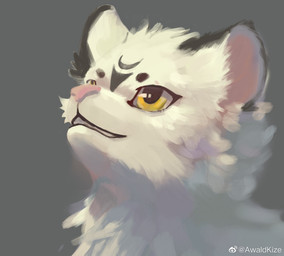 ambiguous_form ambiguous_gender black_markings cheek_tuft facial_markings facial_tuft fur glistening glistening_eyes head_markings head_tuft looking_up markings neck_tuft pink_inner_ear pink_nose smile solo teeth text tuft weibo_logo white_body white_fur yellow_eyes awaldkize weibo felid mammal artist_name bust_portrait hi_res portrait