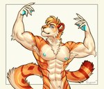 anthro exercise flexing fur male masculine muscular orange_body orange_fur weightlifting workout vishykin felid mammal pantherine tiger hi_res