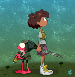 anthro big_eyes black_bottomwear black_clothing black_shorts bottomwear brown_hair clothing duo female footwear green_clothing green_jacket green_jacket_vest green_topwear green_vest grey_clothing grey_shirt grey_t-shirt grey_topwear hair holding_melee_weapon holding_object holding_sword holding_telescope holding_weapon jacket jacket_vest male melee_weapon one_shoe_on pink_body pink_skin purple_bottomwear purple_clothing purple_skirt shirt shoes shorts skirt sneakers socks sword t-shirt tan_body tan_skin topwear vest weapon white_clothing white_footwear white_socks yellow_clothing yellow_footwear yellow_shoes yellow_sneakers unclescooter amphibia_(series) disney anne_boonchuy sprig_plantar human mammal 2022 hi_res