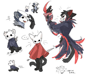 2_horns ambiguous_gender anthro biped black_body black_eyes black_fur black_sclera blue_cloak blue_clothing cloak clothed clothing daww dot_eyes ellipsis empty_eyes fluffy fluffy_tail fur group horn inner_ear_fluff looking_at_another mask melee_weapon mouth_closed nail_(weapon) open_mouth open_smile paws pose question_mark raised_arm red_cloak red_clothing red_eyes simple_eyes smile speech_bubble standing tail tuft walking weapon weapon_on_back white_body white_fur aaasakawa hollow_knight_(franchise) team_cherry grimm_(hollow_knight) hornet_(hollow_knight) quirrel_(hollow_knight) the_knight_(hollow_knight) arthropod felid feline mammal vessel_(species) hi_res