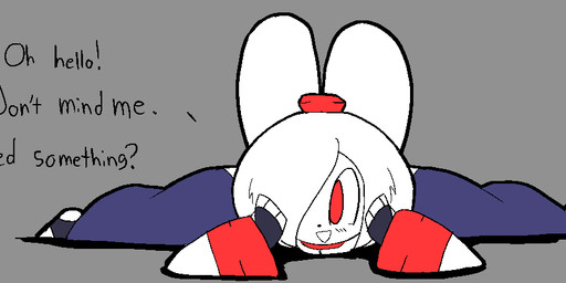 anthro barefoot blush blush_lines clothed clothing dialogue feet female fur grey_background hair hand_on_head looking_at_viewer lying on_front open_mouth ponytail ponytail_ears red_eyes simple_background smile solo tail text thick_thighs white_body white_fur white_hair wide_hips usagibun1 tuqiu_(usagibun1) lagomorph leporid mammal rabbit digital_media_(artwork) english_text