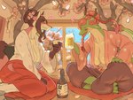 alcohol anthro asian_clothing barefoot beer beverage blush breasts cherry_blossom cherry_blossom_tree cherry_tree clothed clothing drunk duo east_asian_clothing exposed_breasts feet female flower footwear fruit_tree glass hair holding_object horn japanese_clothing laugh lead pillow plant ponytail prunus_(flower) sitting skimpy socks substance_intoxication text tree window wine tubasa mythology canid canine dragon fox mammal mythological_creature mythological_scalie scalie 2025 digital_media_(artwork) japanese_text signature