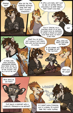 anthro biped black_nose breasts brown_body brown_eyes brown_fur canine_teeth cheek_tuft clothed clothed_anthro clothing dialogue facial_tuft female fur grey_body grey_fur group head_tuft inner_monologue laugh male orange_body orange_fur pointy_ears prick_ears snout speech_bubble tan_body tan_fur text text_box thinking trio tuft tusks yellow_sclera falco_works cameron_(falco_works) indy_(justroadkill) pen_(falco_works) canid canine canis cervine coyote deer fox mammal tufted_deer 2025 comic digital_media_(artwork) english_text hi_res