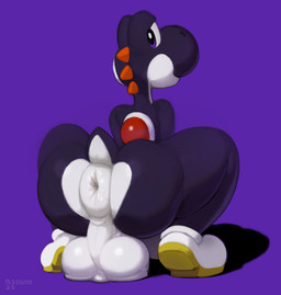 anthro anus balls balls_on_ground big_balls big_butt black_body black_skin butt butt_focus clothing crouching footwear footwear_only frog_pose genitals glistening glistening_anus glistening_butt glistening_genitalia looking_at_viewer looking_back looking_back_at_viewer male mostly_nude nude presenting presenting_hindquarters puffy_anus purple_background purple_eyes rear_view saggy_balls scrotum_flap shoes shoes_only simple_background solo tail text thick_thighs riskysquid mario_bros nintendo black_yoshi dinosaur prehistoric_species reptile scalie yoshi 2025 absurd_res artist_name colored digital_media_(artwork) digital_painting_(artwork) hi_res painting_(artwork) shaded signature watermark