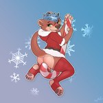 anthro biped blue_background blue_hair blush bottomless brown_body brown_fur candy candy_cane christmas_clothing clothed clothing dessert food fur green_eyes hair holidays legwear male pawpads paws red_clothing red_legwear red_thigh_highs riding simple_background snowflake solo thigh_highs tongue tongue_out skymafia christmas otterlytoast_(character) mammal mustelid otter 1:1 2021 digital_media_(artwork) hi_res