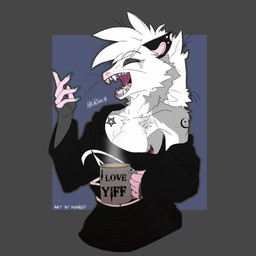 anthro arm_tattoo athletic beverage black_clothing black_eyeshadow black_markings black_shirt black_topwear bodily_fluids breasts cheek_tuft chest_tattoo chest_tuft cleavage clothed clothing coffee coffee_mug colored_nails container cup eyes_closed eyeshadow facial_tuft female fingerless_(marking) fur gloves_(marking) grey_body grey_fur hair holding_container holding_cup holding_mug holding_object makeup markings mug nails neck_tuft open_mouth oversized_clothing oversized_shirt oversized_topwear partially_clothed sharp_teeth shirt shoulder_tattoo simple_background solo tattoo tears teeth topwear tuft white_body white_fur white_hair yawn kandox_tekzer heather_(kandox_tekzer) american_opossum mammal marsupial colored digital_media_(artwork) flat_colors half-length_portrait hi_res portrait