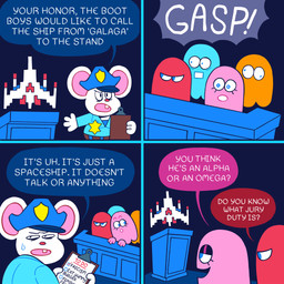 3_fingers 4_fingers 4_panel_comic anthro asking asking_another badge belt big_ears black_eyes blue_bottomwear blue_clothing blue_eyelids blue_eyes blue_hat blue_headwear blue_line_art blue_shirt blue_topwear bodily_fluids bottomwear brown_belt check_mark clipboard clothed clothed_anthro clothed_male clothing courtroom derp_eyes dialogue exclamation_point eyebrows eyelashes female fingers floating_hands fully_clothed fully_clothed_anthro fully_clothed_male fur furrowed_brow gasp group half-closed_eyes hat headgear headwear holding_clipboard holding_object inside jury light limbless looking_at_another looking_at_object male mouthless narrowed_eyes nervous nervous_sweat no_pupils noseless officer open_mouth open_smile orange_body paper peaked_cap pink_body pink_eyebrows pink_line_art pink_mouth pupils question red_body red_nose scared shirt smile spacecraft speech_bubble sweat teeth text thin_eyebrows topwear vehicle white_body white_fur white_mouth white_pupils yelling tanookitalez galaga mappy pac-man_(series) blinky_(pac-man) clyde_(pac-man) inky_(pac-man) mappy_(character) pinky_(pac-man) ghost mammal mouse murid murine rodent spirit 1:1 2023 colored colored_line_art comic crossover digital_media_(artwork) english_description english_text hi_res lighting brother_(lore) brother_and_sister_(lore) sibling_(lore) sister_(lore)