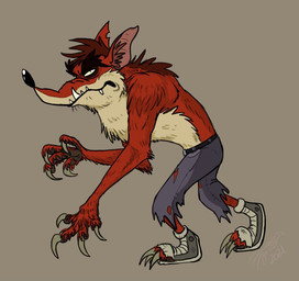 4_fingers anthro biped black_nose bottomwear brown_background claws clothed clothing eyebrows fingers footwear fur male pants red_body red_fur shoes side_view simple_background solo standing toe_claws topless year autumn_schneider activision crash_bandicoot_(series) crash_twinsanity evil_crash bandicoot mammal marsupial 2021 full-length_portrait portrait