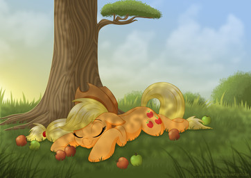 apple blonde_hair clothing cloud cutie_mark eyes_closed female feral food fruit grass hair hat headgear headwear lying orange_body outside plant sleeping smile solo sunset tree littlehybridshila friendship_is_magic hasbro my_little_pony applejack_(mlp) equid equine horse mammal pony 2017 absurd_res hi_res