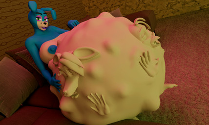 anthro belly big_belly big_breasts blue_body breasts digestion digestion_implied digestion_sequence eyebrows feet female female_pred happy huge_belly imprint living_room looking_at_viewer looking_pleasured machine multicolored_body multiple_prey nipples nude oral_vore playful pointing_at_belly raised_eyebrow seductive solo vore white_body bunnnyboi disembowell_(modeler) red-eye_(modeler) five_nights_at_freddy's five_nights_at_freddy's_2 scottgames chica_(fnaf) mangle_(fnaf) toy_bonnie_(fnaf) android animatronic lagomorph leporid mammal rabbit robot 3d_(artwork) absurd_res digital_media_(artwork) hi_res