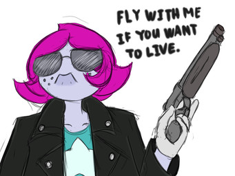 antennae_(anatomy) blue_clothing blue_shirt blue_topwear clothing eyewear female freckled_face freckles gloves gun hair handwear jacket leather leather_clothing leather_jacket leather_topwear pink_hair purple_body purple_skin ranged_weapon shirt solo sunglasses t-shirt topwear weapon white_clothing white_gloves white_handwear anonymous_artist disney terminator_(franchise) the_buzz_on_maggie maggie_pesky arthropod fly_(animal) insect terminators_(terminator)