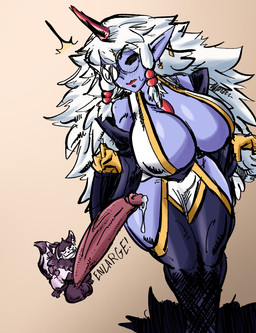 anthro aroused balls big_balls big_breasts big_penis black_sclera blush bodily_fluids body_sized_penis breasts clothed clothing duo ear_piercing ear_ring enlargement eyewear female fox_ears fur genital_fluids genitals glasses hair horn huge_penis humanoid_pointy_ears imminent_sex jewelry larger_female leaking_precum long_hair long_penis male male/female partially_clothed penis piercing pointy_ears precum presenting pupils purple_body purple_fur red_pupils ring_piercing size_difference small_but_hung smaller_male smug smug_face teasing thick_thighs thirsty white_hair wide_hips iron_alchemist noahdoesart thegoldensmurf third-party_edit ramia-yana akira_(ramia-yana) osumihime_(ramia_yana) demon human humanoid kachooli mammal monster absurd_res color_edit colored hi_res