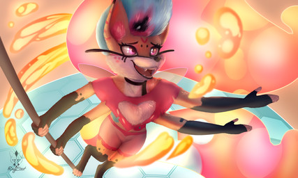 anthro female looking_up multi_arm multi_limb open_mouth pink_eyes pole scene_interpretation smile solo ray_frost hellaverse helluva_boss queen_bee-lzebub_(helluva_boss) arthropod bee canid canine fox hymenopteran insect mammal hi_res