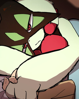 ambiguous_gender anthro bed duo flower_(anatomy) fur furniture green_body green_fur hand_holding looking_at_viewer lying mask on_bed on_side pink_eyes solo_focus under_covers letaslettuce nintendo pokemon generation_9_pokemon human mammal meowscarada pokemon_(species) 2024 4:5 hi_res