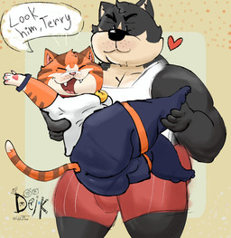 anthro bell bell_collar big_muscles blue_clothing bottomwear bridal_carry carrying_another clothing collar dialogue duo heart_symbol holding_another looking_at_viewer male male/male muscular obese overweight red_clothing shirt shorts simple_background smile speech_bubble tank_top text topwear underwear white_clothing ugly-rat15508 jess_(ugly-rat15508) raymond_(ugly-rat15508) canid canine canis domestic_dog felid feline mammal digital_media_(artwork) english_text hi_res incest_(lore)