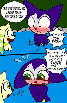 ambiguous_gender anthro blush dialogue duo erection partially_submerged shy size_difference text water conditional_dnp theyiff bandai_namco digimon digimon_(species) impmon terriermon comic english_text hi_res