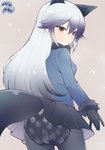 animal_humanoid bodily_fluids bottomwear brown_eyes canid canid_humanoid canine canine_humanoid clothed clothing diaper diaper_under_clothing female fox_humanoid genital_fluids gloves grey_hair hair hakmaidaisuki handwear humanoid kemono_friends legwear long_hair looking_back mammal mammal_humanoid silver_fox_(kemono_friends) skirt solo tail_under_skirt third-party_edit tuft urine wearing_diaper wet_diaper wetting