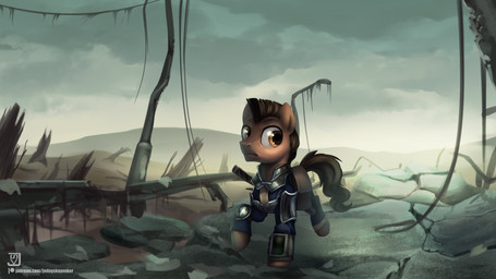 alternate_universe armor black_mane black_tail brown_body brown_eyes brown_fur clothed clothed_feral clothing feral fur male mane mohawk pip-boy ruins solo tail text walking wasteland jedayskayvoker fallout fallout_equestria hasbro microsoft my_little_pony fan_character equid equine horse mammal pony 16:9 2020 4k absurd_res english_text hi_res signature url widescreen