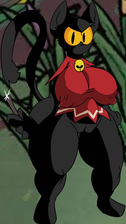 anthro big_breasts black_body black_eyes breasts clothing female genitals magic_wand mouthless shirt solo topwear tunic vulva wand wannapossums cult_of_the_lamb google google_doodle magic_cat_academy massive_monster_(studio) momo_(google) domestic_cat felid feline felis mammal