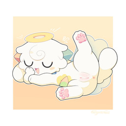 anus belly_eye biped blush blush_stickers butt cape cheek_tuft chibi clothing digitigrade eyes_closed facial_tuft feet female female_feral feral floppy_ears fur fur_tuft genitals halo hand_on_cheek head_tuft heterochromatic_ears hindpaw humanoid_genitalia humanoid_genitalia_on_feral humanoid_vulva humanoid_vulva_on_feral kemono lop_ears lying multi_ear nude nude_female on_side one_leg_up open_mouth open_smile outline paws presenting presenting_hindquarters presenting_vulva raised_leg side_view simple_background smile solo tail text tuft vulva white_background white_body white_fur white_outline yellow_background zyuuniie devil_connection makemon kupyadel_(makemon) domestic_cat felid feline felis mammal 1:1 2026 absurd_res artist_name cel_shading digital_drawing_(artwork) digital_media_(artwork) hi_res shaded