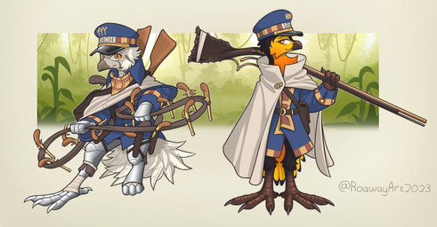 ambiguous_gender anthro armor bag cloak clothing duo gun handgun hat headgear headwear iron_post_(roawayart) looking_at_viewer musket pistol ranged_weapon smile standing weapon roawayart fusil_(roawayart) avian hi_res