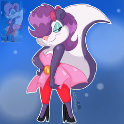 accessory anthro bedroom_eyes belt big_tail bottomwear bow_ribbon breasts cleavage clothed clothing dress eyeshadow female fur hair hair_accessory hair_bow hair_ribbon makeup narrowed_eyes pants pink_clothing pink_dress pink_nose pose purple_body purple_fur purple_hair red_bottomwear red_clothing red_pants ribbons seductive simple_background smile solo stiletto_heels tail text thick_thighs toony tuft white_body white_fur natycriaarts tiny_toon_adventures warner_brothers fifi_la_fume mammal mephitid skunk striped_skunk 1:1 digital_media_(artwork) hi_res pinup