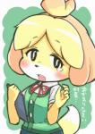 accessory anthro black_nose blonde_hair clothed clothing dress female fur hair hair_accessory short_hair solo text uniform white_body white_fur yellow_body yellow_fur nikuq_owata animal_crossing nintendo isabelle_(animal_crossing) canid canine canis domestic_dog mammal shih_tzu toy_dog 2015 japanese_text translated