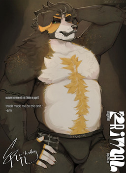 annoyed anthro arm_tattoo armpit_hair beard black_body black_fur body_hair briefs briefs_only bulge character_signature claws clothed clothing facial_hair forearm_tattoo forearms freckles fur green_eyes greying_hair hand_behind_head hand_on_hip happy_trail magazine male mature_male musclegut muscular mustache orange_body orange_fur pecs slicked_back_hair solo stubble tattoo text thick_thighs topless underwear underwear_only white_body white_fur cerberussenn erin_o'halley_(cerberussenn) australian_shepherd canid canine canis domestic_dog herding_dog mammal pastoral_dog sheepdog absurd_res cover english_text hi_res magazine_cover signature