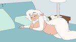 anthro areola bed belly big_belly big_breasts breasts dialogue eyes_closed female furniture lying lying_on_bed nipples nude on_bed open_mouth overweight pillow sleeping smile solo tail text tongue waking_up ahobobo bovid caprine mammal sheep 2d_animation animated digital_media_(artwork) english_text hi_res