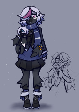 ambiguous_gender anthro beak biped black_beak bottomwear clothed clothed_ambiguous clothed_anthro clothing footwear front_view fully_clothed fully_clothed_ambiguous fully_clothed_anthro grey_background hair highlights_(coloring) looking_at_viewer pink_eyes pink_highlights scarf shoes simple_background skirt smile solo standing topwear white_hair mewgle huginn_(mewgle) muninn_(mewgle) avian bird corvid corvus_(genus) oscine passerine raven 2026 digital_drawing_(artwork) digital_media_(artwork) hi_res