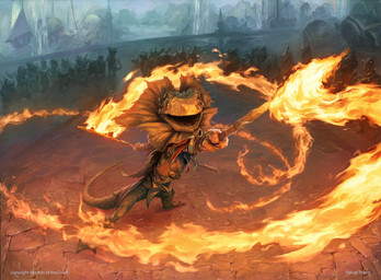 ambiguous_gender anthro biped brick_floor clothed clothing day fire group holding_object holding_staff open_mouth outside solo_focus staff standing tail text henry_peters hasbro magic:_the_gathering wizards_of_the_coast lizard reptile scalie 2024 english_text official_art