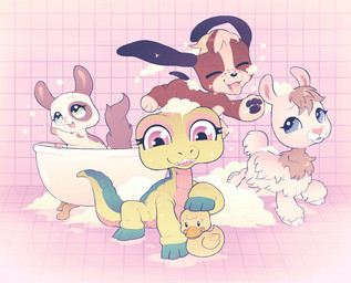 ambiguous_gender bathroom bathtub blue_eyes brown_body brown_fur eyelashes feral fur green_body green_eyes group long_eyelashes pink_eyes rubber_duck soap_bubbles suds water white_body white_fur 1ksrw conditional_dnp hasbro littlest_pet_shop lps_1018 lps_113 lps_2073 lps_2454 beagle camelid canid canine canis chinchilla chinchillid crocodile crocodilian domestic_dog hunting_dog llama mammal reptile rodent scalie scent_hound 2025 clip_studio_paint_(artwork) digital_media_(artwork) hi_res