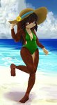 5_fingers 5_toes anthro bangs beach bent_arm bent_leg black_hair blue_sky breasts brown_body brown_eyes brown_fur brown_nose closed_smile clothed clothed_anthro clothed_female clothing cloud cloudy_sky day feet female fingers floppy_ears flower flower_on_hat fur green_one-piece_swimsuit hair hat headgear headwear light long_hair looking_at_viewer lop_ears mouth_closed multicolored_body multicolored_fur one-piece_swimsuit outside plant sea seaside sky slim_anthro slim_female small_breasts smile smiling_at_viewer solo sun_hat swimwear tan_body tan_fur toes two_tone_body two_tone_fur water yellow_clothing yellow_flower yellow_hat yellow_headwear mythrava lagomorph leporid mammal rabbit 2022 colored digital_media_(artwork) digital_painting_(artwork) hi_res lighting shaded