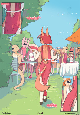 anthro balls beverage blush blush_lines bulge casual_erection casual_exposure clothing crowd dress erection female freckled_back freckled_ears freckled_face freckled_shoulders freckles genitals grass group male motion_lines outside party plant public public_erection public_exposure sunny tail text tree conditional_dnp djannetur funkybun equid equine horse mammal comic english_text hi_res trans_(lore) trans_woman_(lore)
