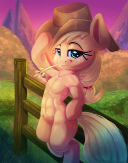 abs accessory anthro anthrofied biped blonde_hair chewing_grass clothing cowboy_hat cutie_mark detailed_background eyebrows eyelashes female fence freckles grass green_eyes hair hair_accessory hair_tie half-closed_eyes hat headgear headwear hoof_hands hooves long_hair looking_at_viewer mountain narrowed_eyes navel nude on_fence on_one_leg outside plant pose semi-anthro sky smile solo standing sunset wheat thediscorded friendship_is_magic hasbro my_little_pony applejack_(mlp) earth_pony equid equine horse mammal pony 2018 hi_res portrait