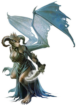 bat_wings bovid_horn breasts caprine_horn chaotic_evil clothing dagger dress evening_gown female gown horn melee_weapon membrane_(anatomy) membranous_wings ram_horn scales solo weapon wings eva_widermann dungeons_and_dragons hasbro paizo pathfinder wizards_of_the_coast demon quasit_(dnd) tanar'ri_(dnd)
