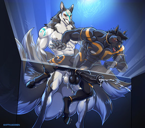 5_fingers 7_tails abs against_surface alternate_species anal anal_penetration animal_genitalia animal_penis anthro anthro_on_anthro anthro_penetrated anthro_penetrating anthro_penetrating_anthro athletic athletic_anthro athletic_male balls big_penis black_body black_fur black_hair black_nose bodily_fluids cum cum_in_ass cum_inside cumshot duo ear_piercing ear_ring ejaculation equine_genitalia equine_penis erection fingers fur genital_fluids genitals grey_body grey_fur hair hooves humanoid_hands male male/male male_penetrated male_penetrating male_penetrating_male multi_tail multicolored_body multicolored_fur nipples nude nude_anthro nude_male on_glass penetration penile penile_penetration penis penis_in_ass piercing ring_piercing sex tail two_tone_body two_tone_fur white_body white_fur skiffkhariben djoser_(psychoh13) nivhis canid canine equid equine fox horse mammal hi_res
