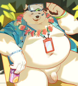anthro balls belly beverage big_belly blush bottomless bottomless_male clothed clothing eyes_closed flaccid foreskin fur genitals holding_beverage holding_object kemono lei light male moobs navel open_clothing open_shirt open_topwear overweight overweight_male penis shirt sitting small_penis solo sunlight topwear unretracted_foreskin white_body white_fur owule xxl_woofia paul_the_polar_bear bear mammal polar_bear ursine 2026 hi_res