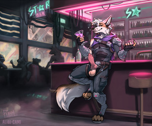 animal_genitalia animal_penis anthro balls bar beckoning beverage biped bodysuit bottomwear canine_genitalia canine_penis claws clothed clothing digitigrade erection fluffy fluffy_tail genitals gesture knot knotted_penis looking_at_viewer male open_bottomwear open_clothing open_pants pants penis penis_poking_out penis_through_fly skinsuit smile solo standing tail tight_clothing alibi-cami pirolnogolongo canid canine mammal 2025 artist_collaboration