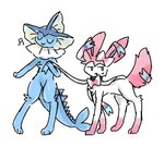 ambiguous_gender blue_body collar duo feral fin fur ribbons simple_background simple_coloring simple_eyes standing tail walking white_body white_fur 137rt nintendo pokemom pokemon eeveelution generation_1_pokemon generation_6_pokemon mammal pokemon_(species) sylveon vaporeon