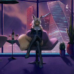 alcohol anthro beverage chair clothing container cup dress drinking_glass female flower furniture glass glass_container glass_cup gloves hair handwear legwear plant sky solo stockings table tail vase window wine wine_bottle wine_glass techiesxc canid canine canis jackal mammal 1:1 hi_res