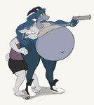 anthro belly big_belly blue_body blue_fur bottomwear bovid breasts caprine clothing coffee_stain_studios crop_top denim denim_bottomwear denim_clothing desert_eagle duo epic_games female footwear fortnite fur goat goat_simulator gun handgun hi_res holding_gun holding_object holding_ranged_weapon holding_weapon horn huge_belly jeans key_(keyaotic) lefcoyto male mammal navel pants pilgor_(goat_simulator) pistol pointing_gun ranged_weapon scut_tail shirt shoes short_tail shorts simple_background t-shirt tail topwear weapon white_body white_fur yellow_eyes