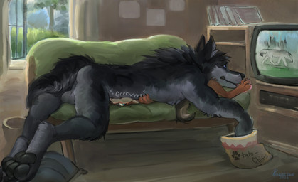 anthro backsack balls belly_smother black_body blue_eyes brown_body chips_(food) duo feet food furniture genitals green_sofa larger_male laying_on_another male male/male pawpads pillow potato_chips size_difference smaller_male smothering sofa tail watching_television kodacine clint_(clintowolfo) revel_(rabidchipmunk) canid canine canis domestic_dog mammal shikoku_ken spitz wolf 2026 absurd_res digital_drawing_(artwork) digital_media_(artwork) hi_res