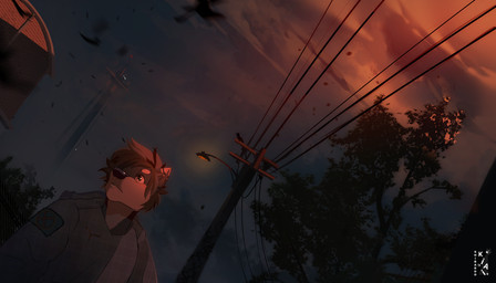 anthro clothing cloud detailed_background hair male outside plant short_hair sky solo sunset topwear tree kiai shibardo canid canine canis domestic_dog mammal shiba_inu spitz 2023 digital_media_(artwork) hi_res watermark