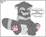 animal_genitalia balls blush border dialogue feet fully_sheathed genitals hindpaw male pawpads paws sheath sitting solo text white_border xenoyia kalen_(xenoyia) canid canine mammal procyonid raccoon raccoon_dog tanuki english_text hi_res